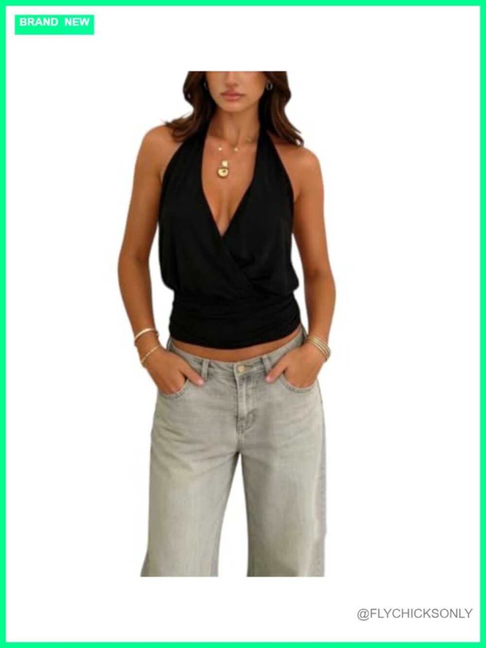 Women Halter Neck Deep V Neck Crop Top Sleeveless Double Lined Cami Y2K Sexy